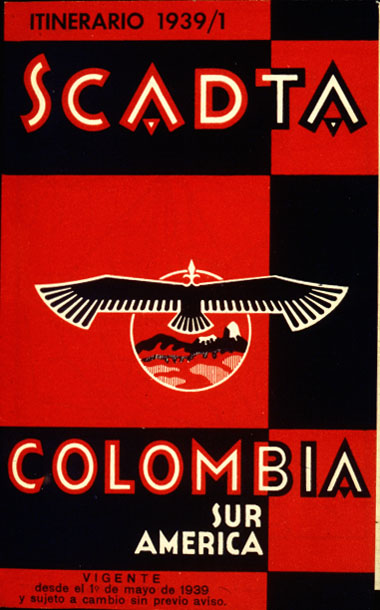 Timetable cover of the Colombian airline, SCADTA. SCADTA is an acronym for a German/Colombian aviation company, known today as Avianca, the oldest continuously operating airline in the world.