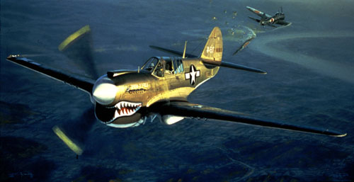 A painting of Donald Lopez’s first military encounter resulting in a collision with a Japanese aircraft.